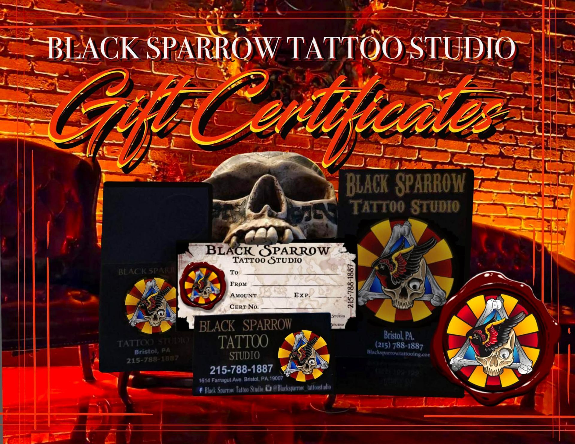 Gift certificate advertisement for Black Sparrow Tattoo Studio featuring a skull and tattoo art.
