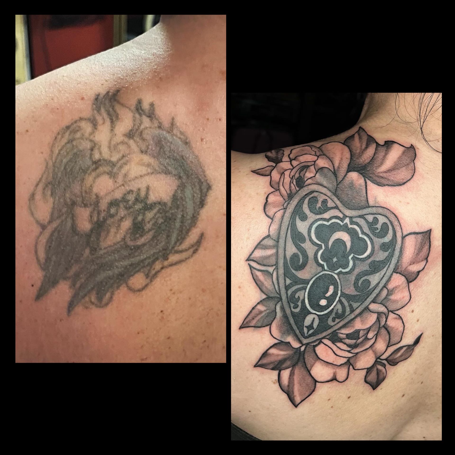 Before and after tattoos: black ink cover-up on shoulder transforms into a grey heart-shaped Ouija board surrounded by roses.