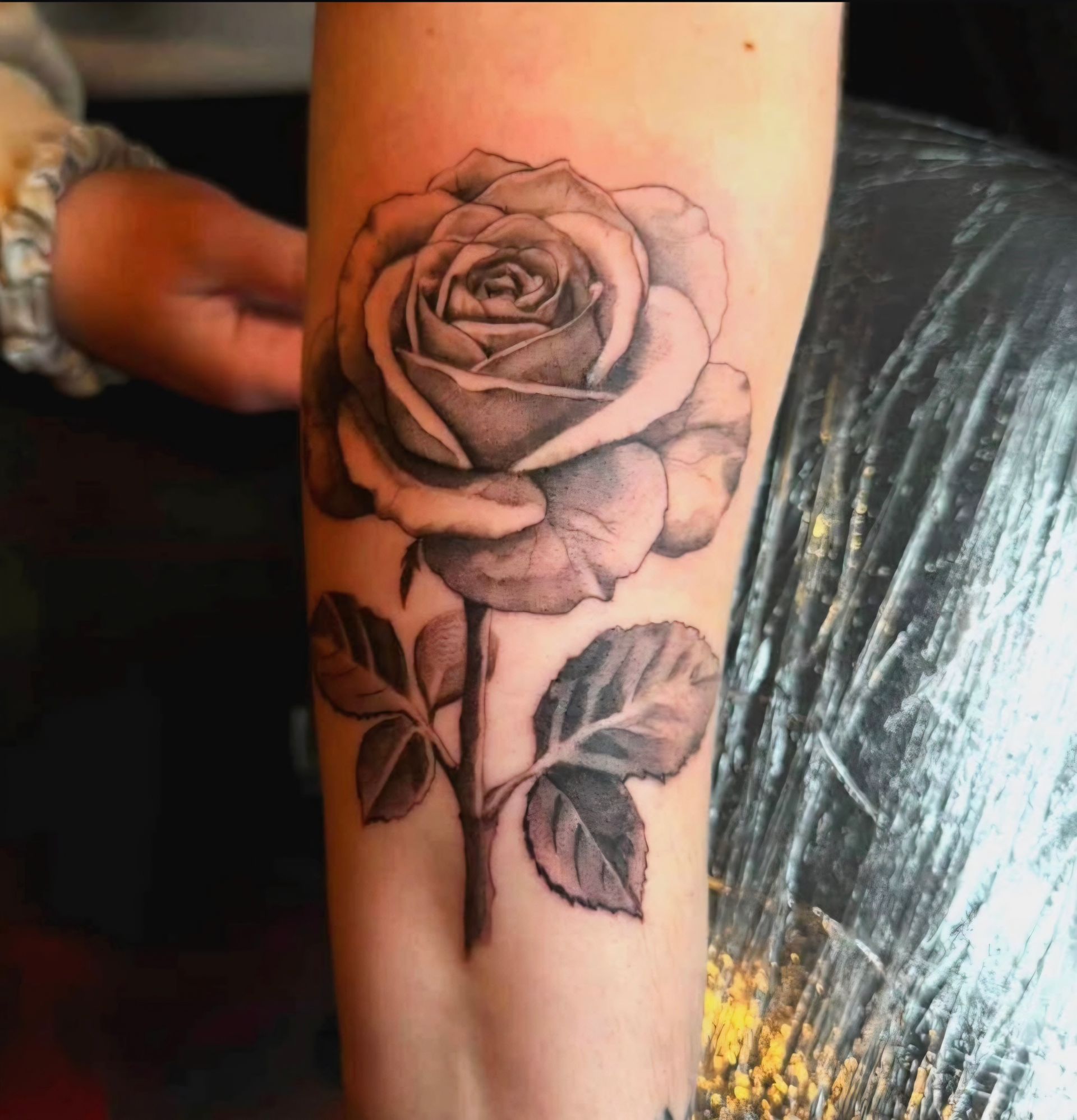 Black and white rose tattoo on arm, detailed shading on petals and leaves.