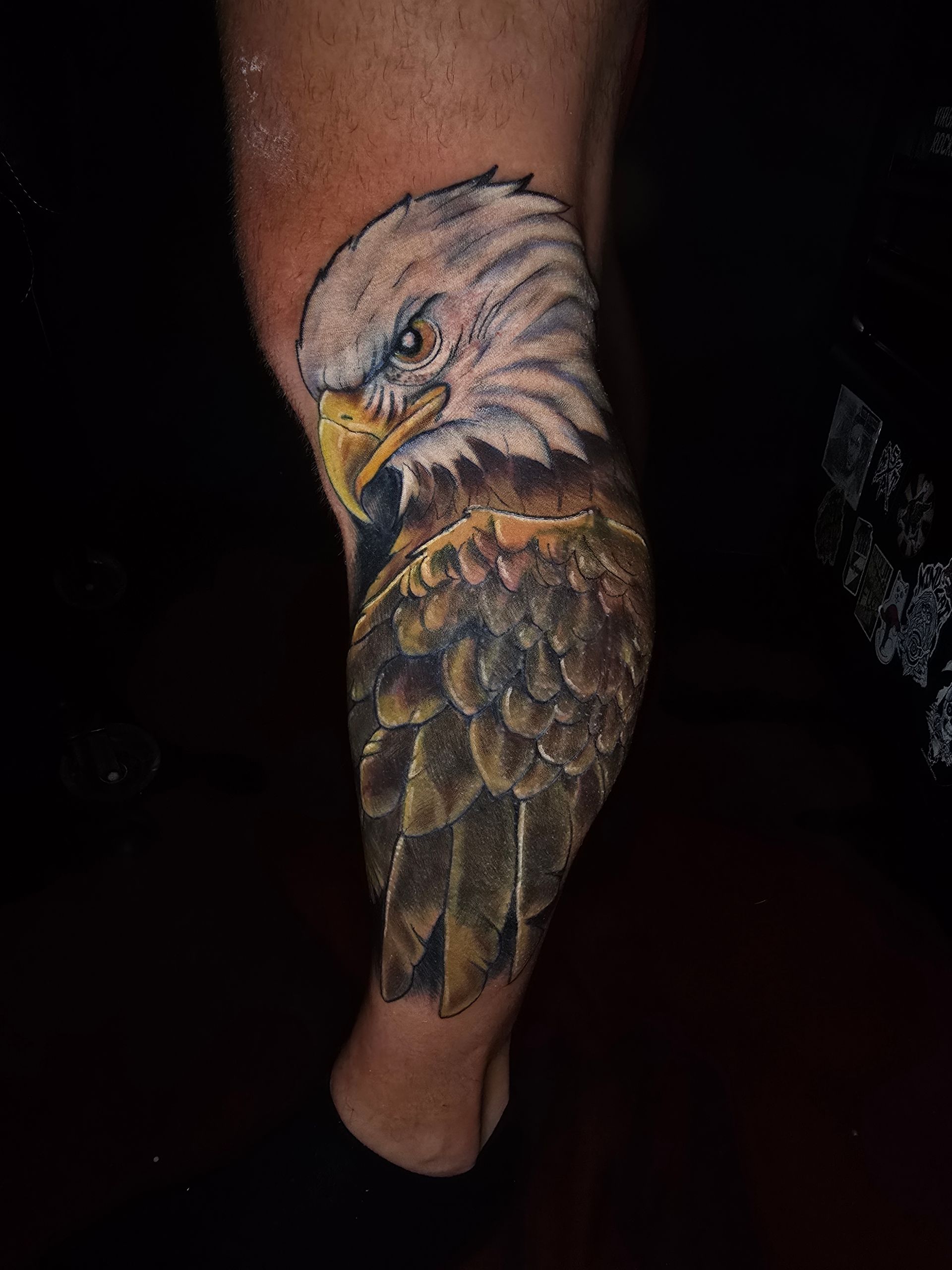 Tattoo of a bald eagle on a leg. The eagle has white feathers, a yellow beak, and brown body feathers.