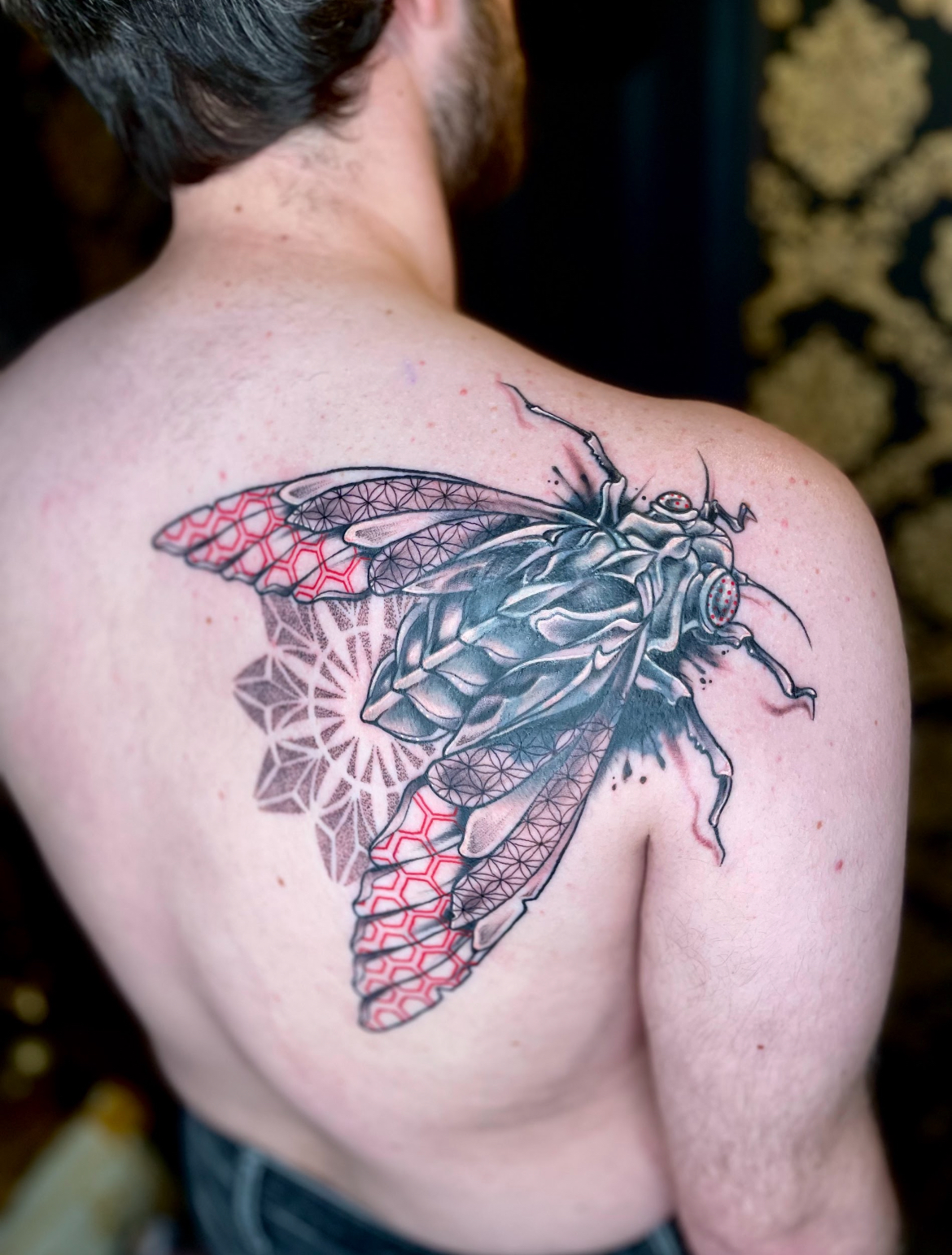 Back tattoo of a large, detailed moth with red-veined wings, over a geometric pattern.