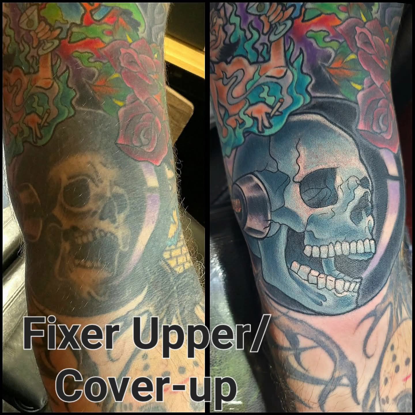 Before and after tattoo, faded skull, vibrant skull with flowers, elbow, cover-up.