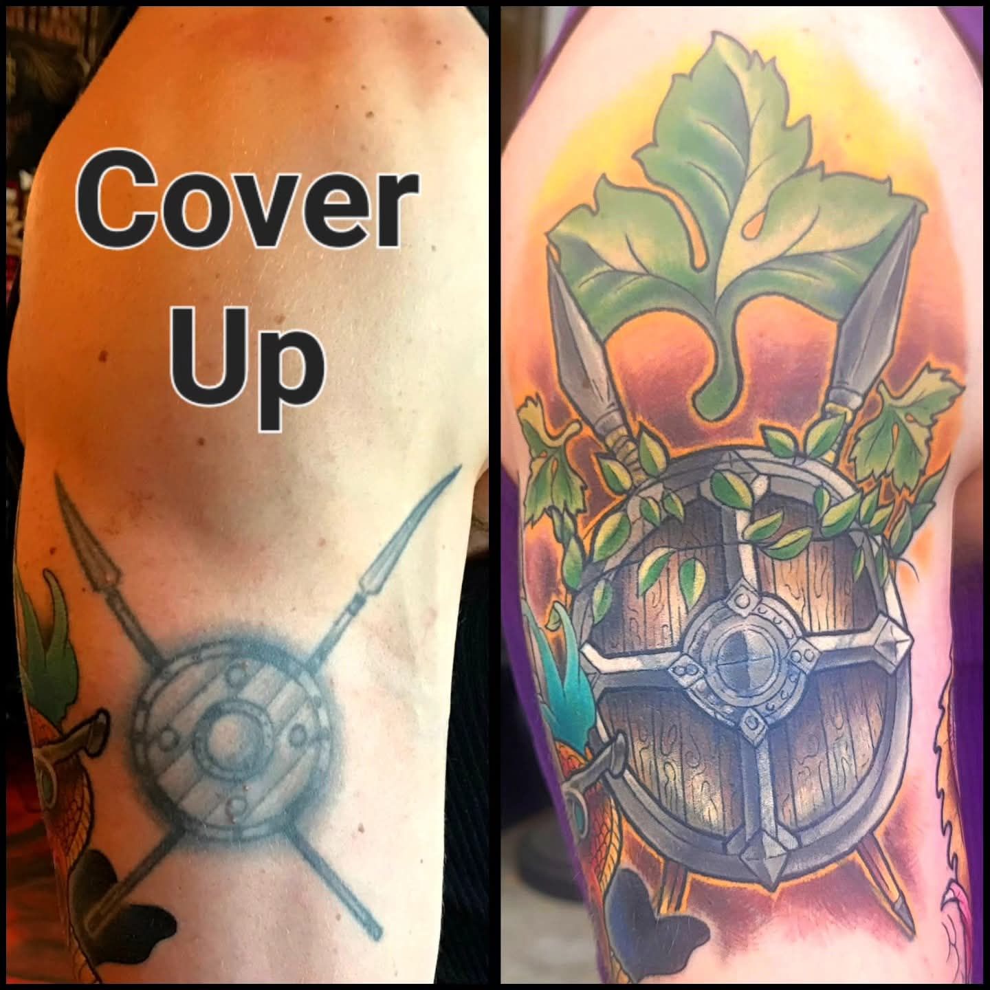 Cover-up tattoo, before and after. Original: shield & spears. Cover-up, detailed shield, spears, leafy vines, and vibrant colors.