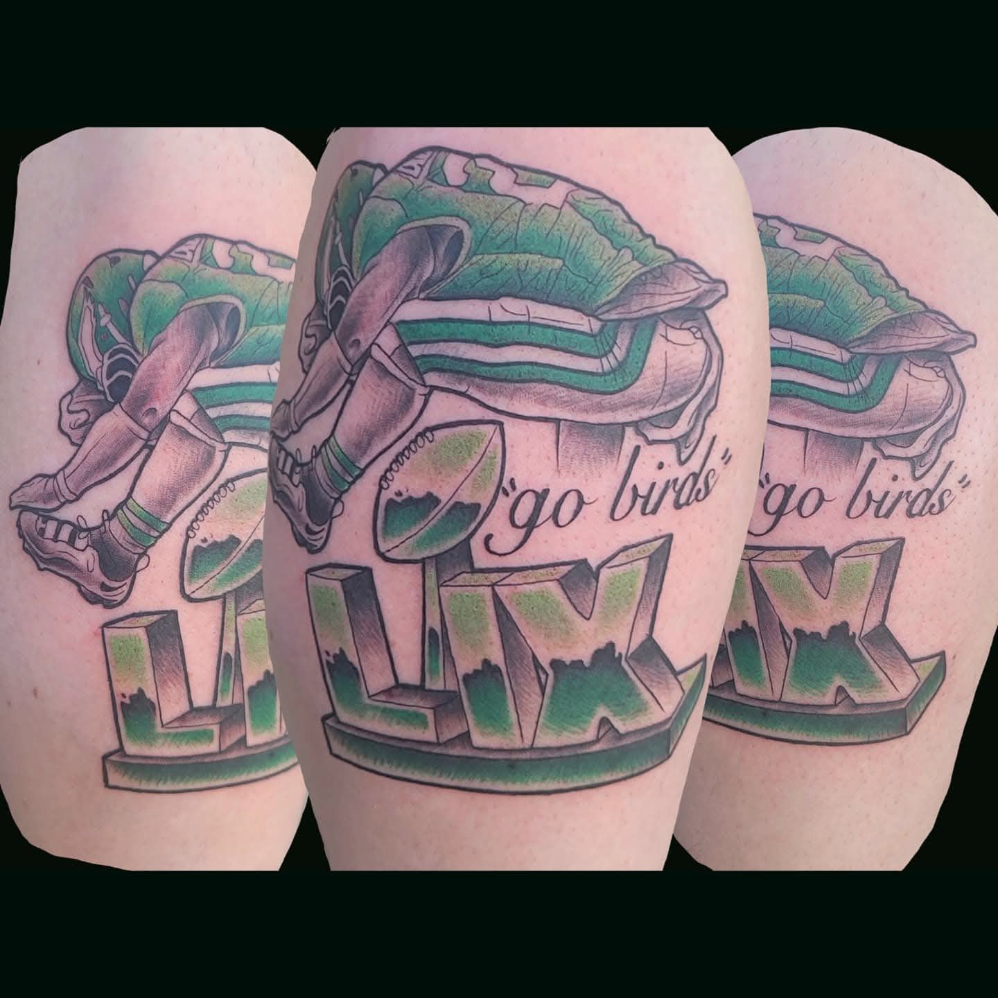 Tattoo of a football player diving into the end zone, 