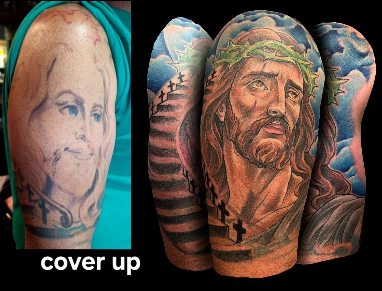 Before and after tattoo: Cover-up on a shoulder, the original tattoo is a faded face. Cover-up is Jesus with a crown, sky background.