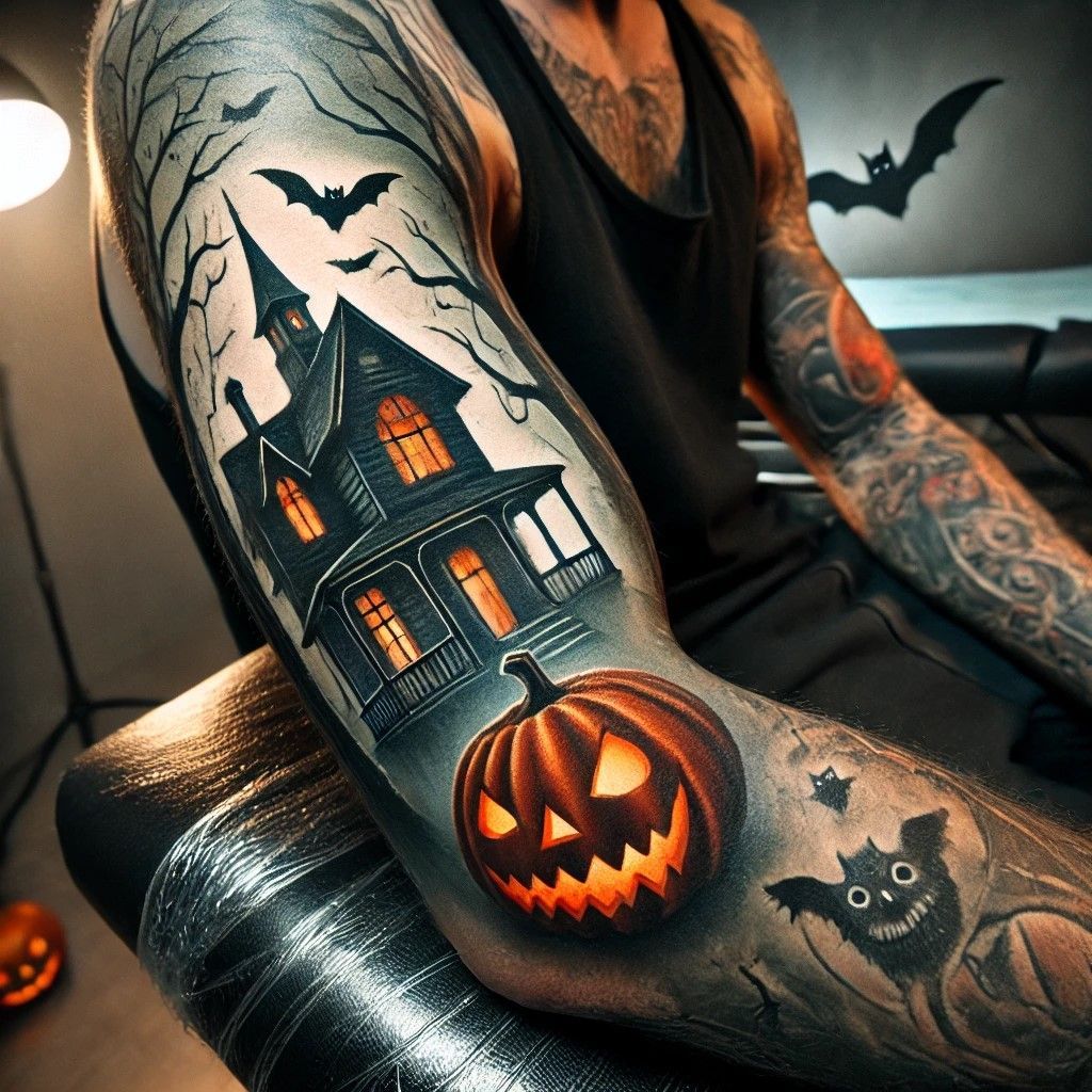 Tattooed arm with Halloween designs including a haunted house, pumpkin, and bats.