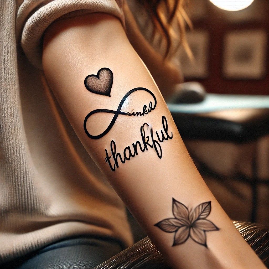 Tattooed forearm with heart, infinity symbol, and 