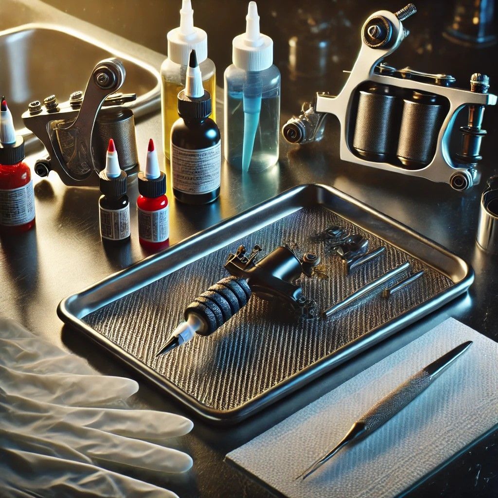 Tattoo studio workstation with machines, ink bottles, sterilized needles and gloves