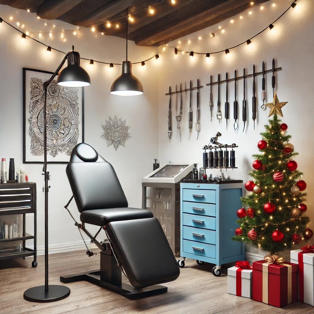 Tattoo studio with modern decor, tattoo equipment, and festive holiday decorations lights and a tree