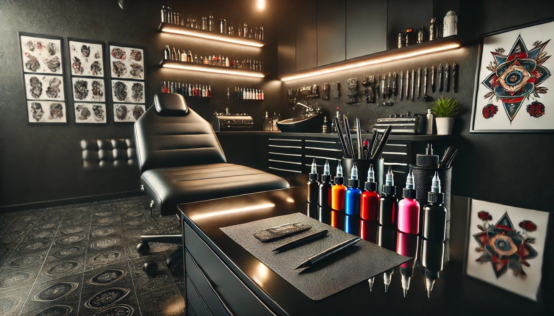 Modern tattoo studio with sleek black furniture, vibrant ink bottles, and tools