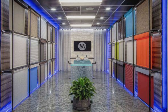 Modern lobby with blue-lit walls, tiled floor, central plant, and reception desk under a wall logo.