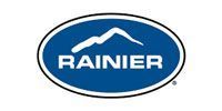 Rainier beer logo in a blue oval with a white mountain silhouette and text