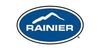 Rainier beer logo in a blue oval with a white mountain silhouette and text