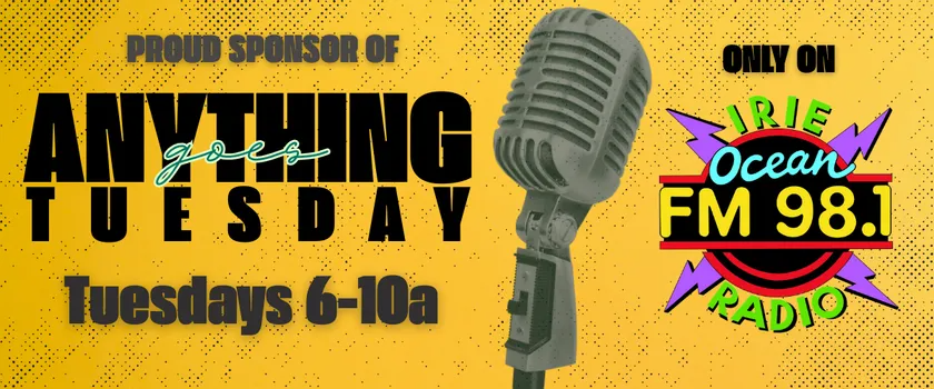 Promotional banner for “Anything Tuesday” on 98.1 Ocean Radio, with microphone and orange background