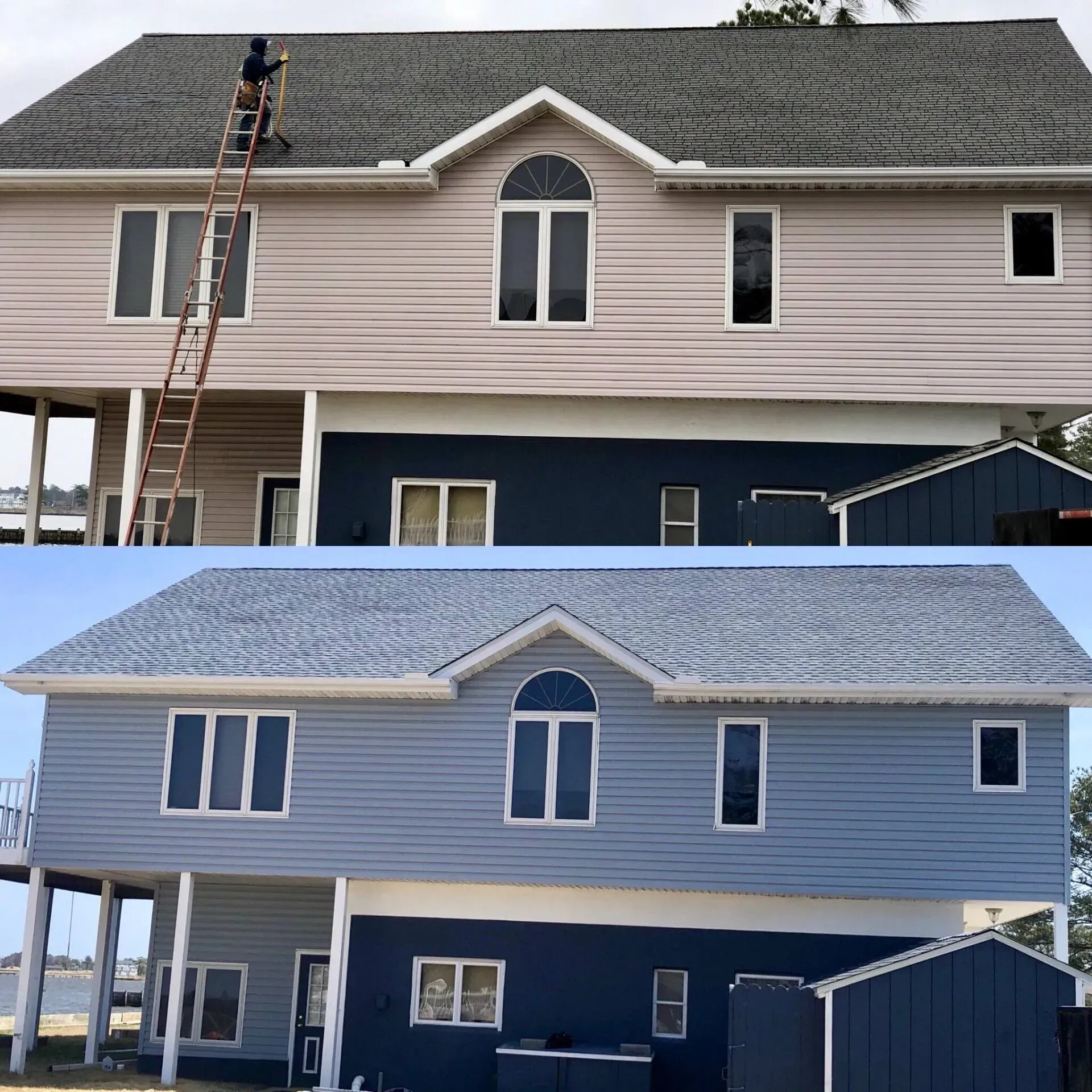 Before-and-after view of a two-story house being painted from beige to light blue, with a worker on a ladder.