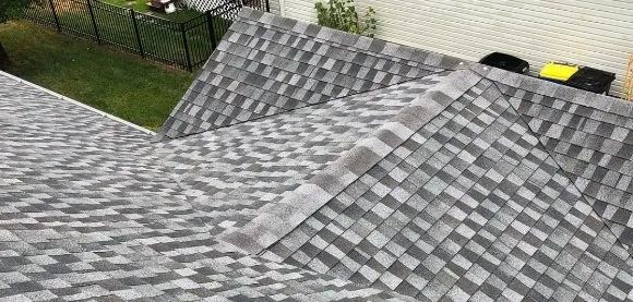 Gray shingle roof with a steep ridge and a few yellow objects near the top edge