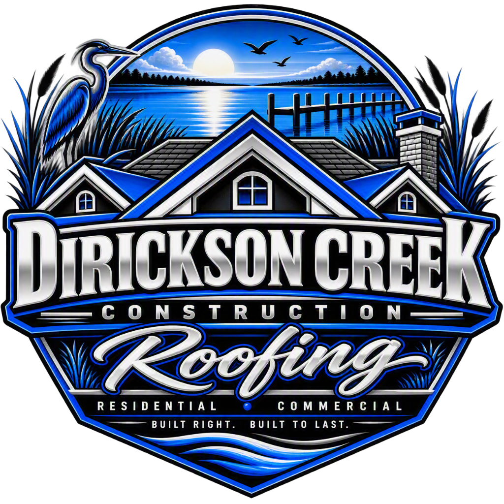 Dirickson Creek Construction Roofing logo with blue shield, house rooftops, and water scene