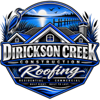 Dirickson Creek Construction Roofing logo with blue shield, house rooftops, and water scene