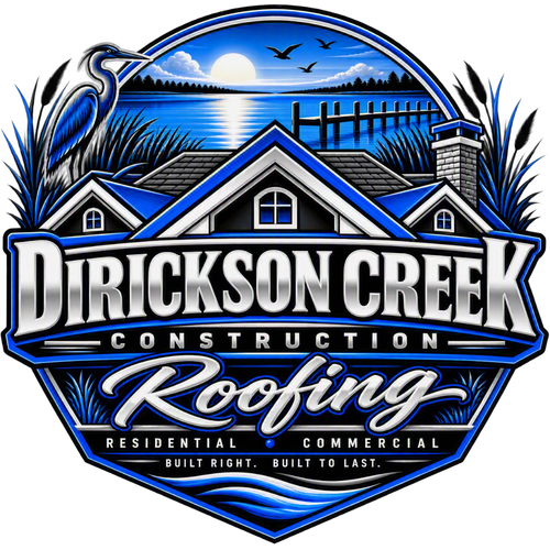 Dirickson Creek Construction Roofing logo with blue shield, house rooftops, and water scene