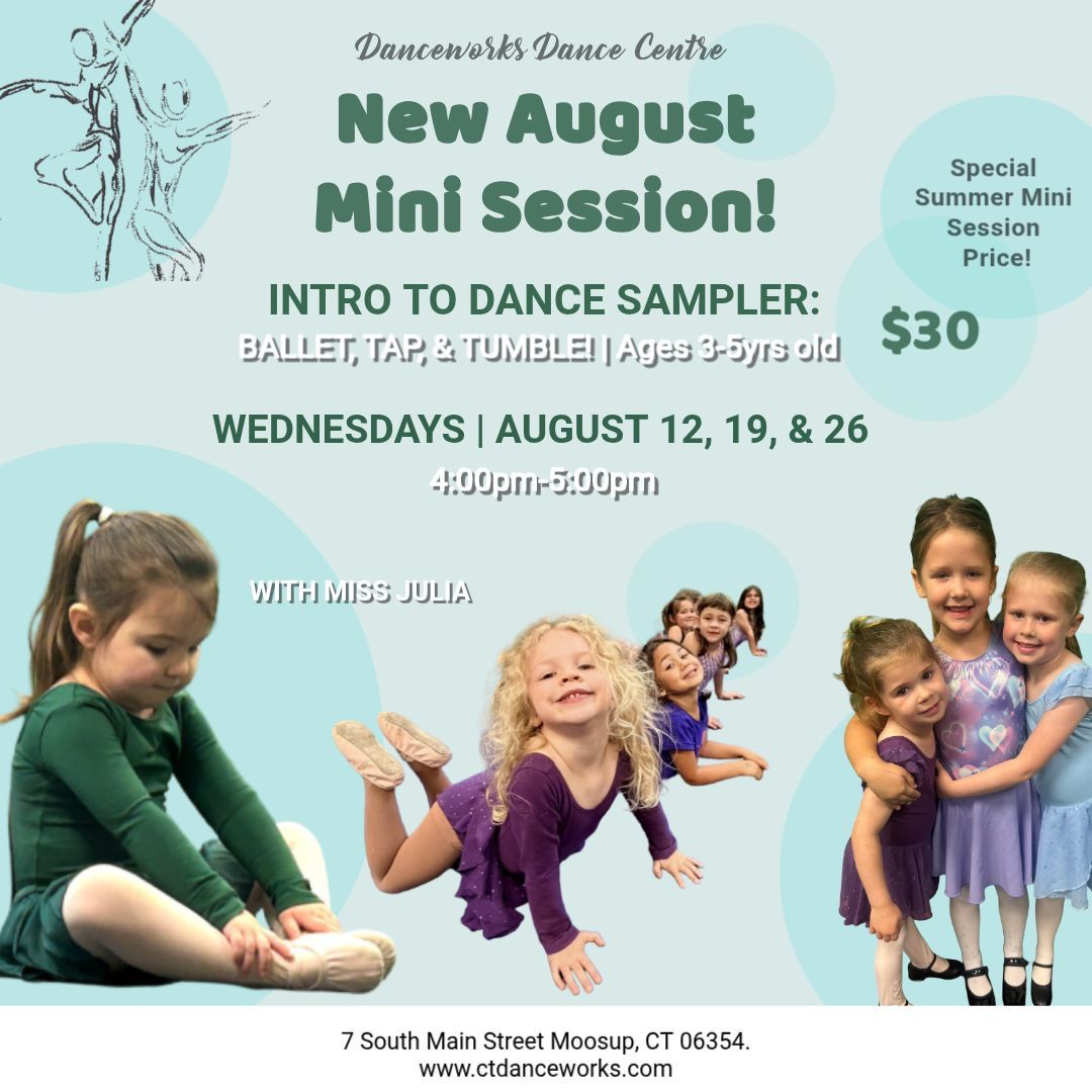 Class schedule on blue background listing Tuesday and Thursday dance classes, age groups, and instructors.