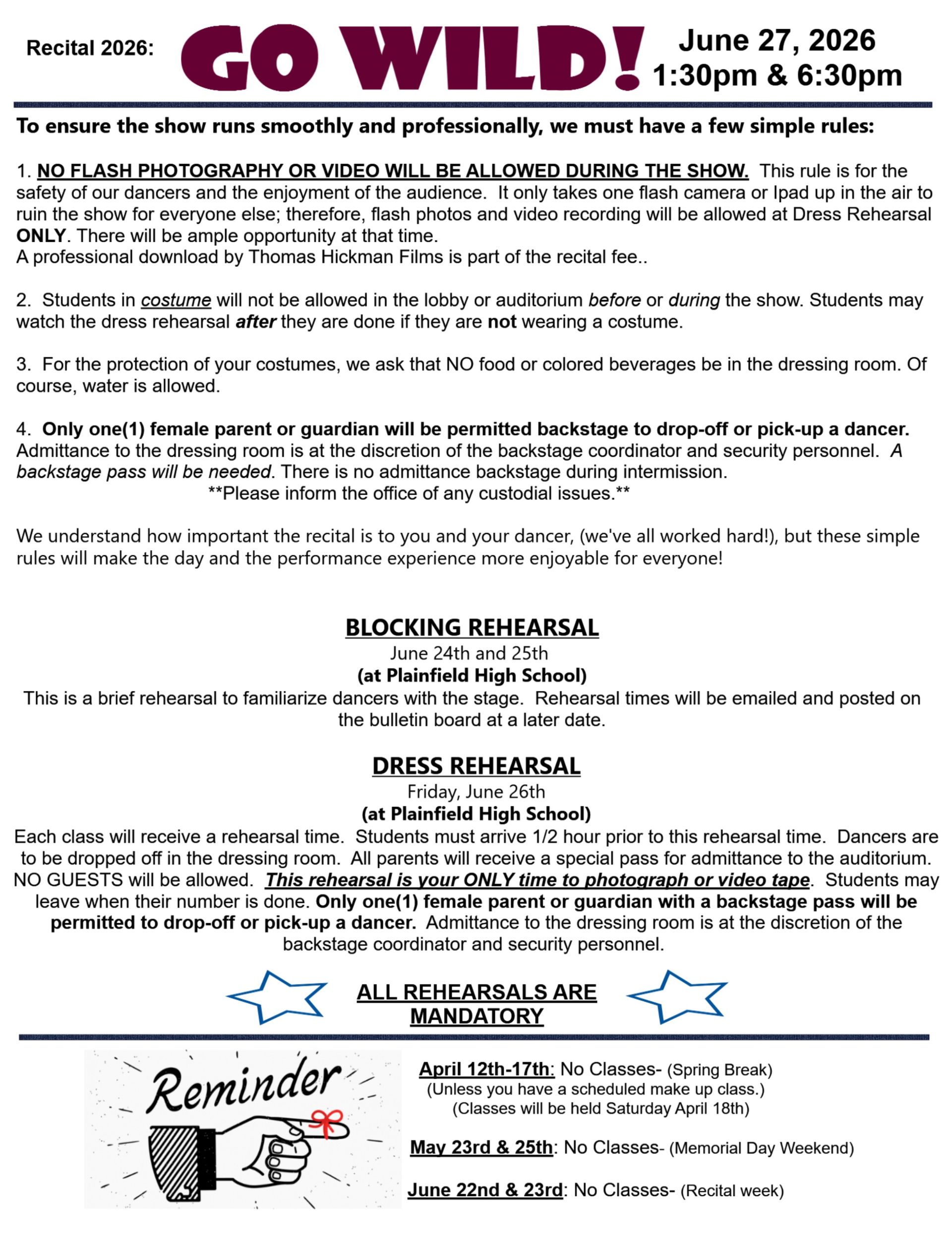 Recital announcement: 2026 at St. Michael's School. Costume deposit info and 