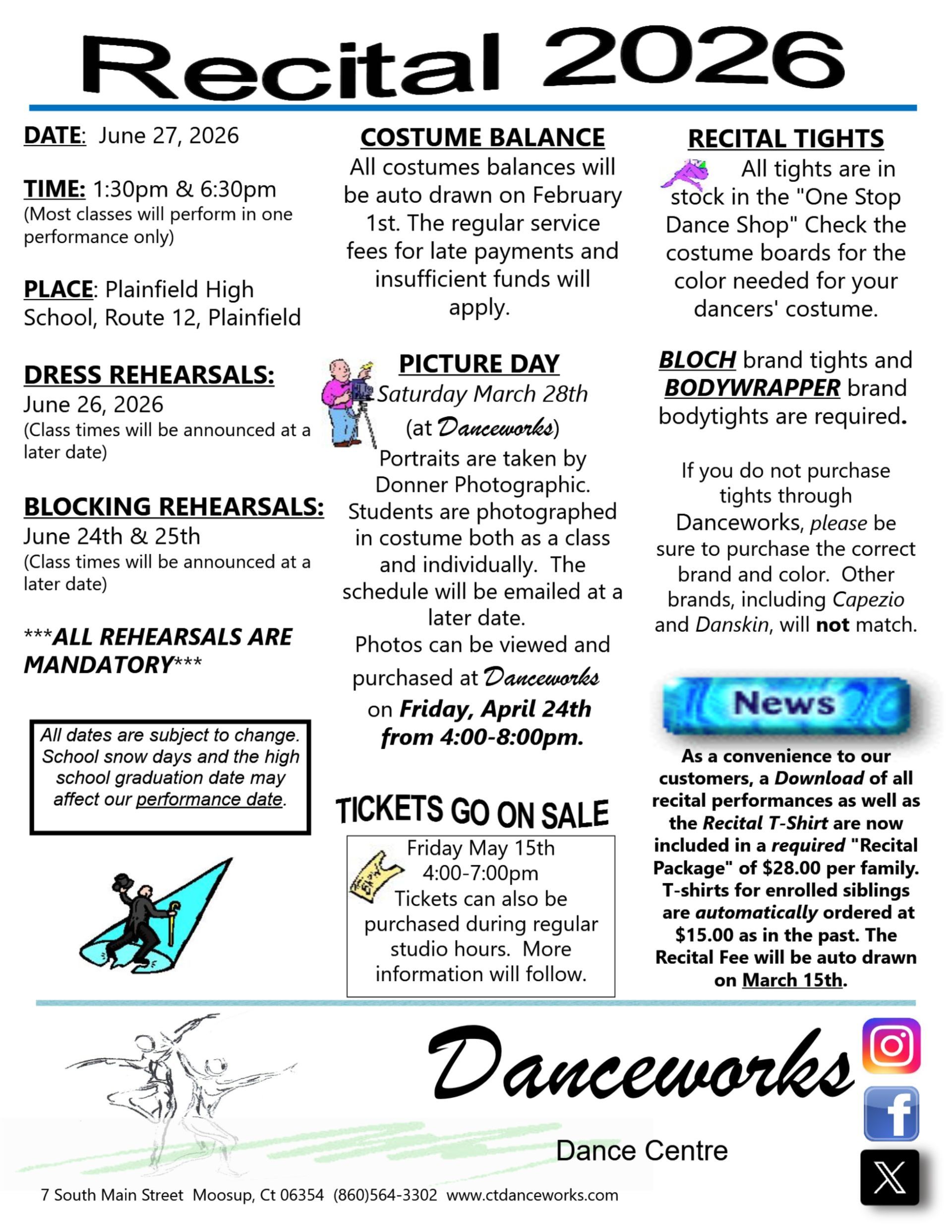 Recital announcement: 2026 at St. Michael's School. Costume deposit info and 