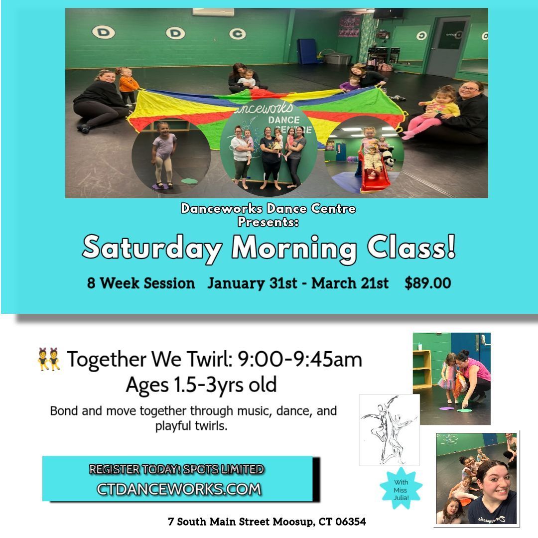 Advertisement for a Saturday morning class. Children and adults playing with a parachute. 