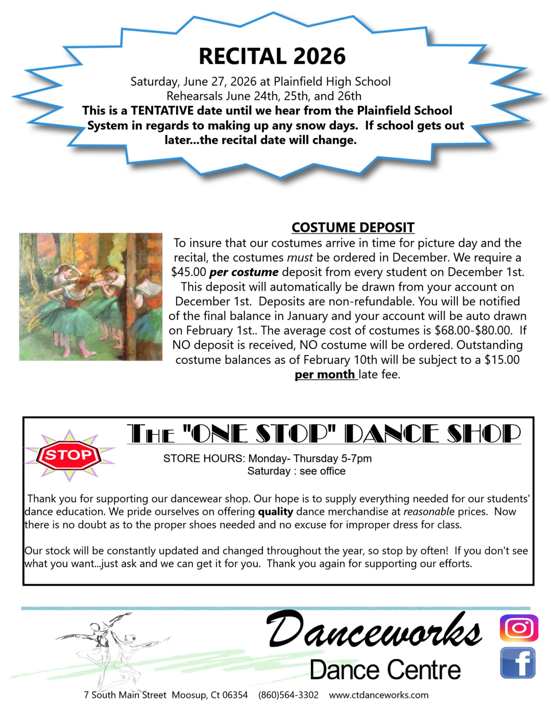 Recital announcement: 2026 at St. Michael's School. Costume deposit info and 