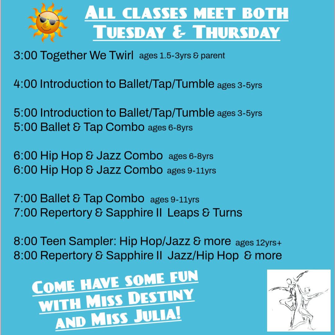 Class schedule on blue background listing Tuesday and Thursday dance classes, age groups, and instructors.