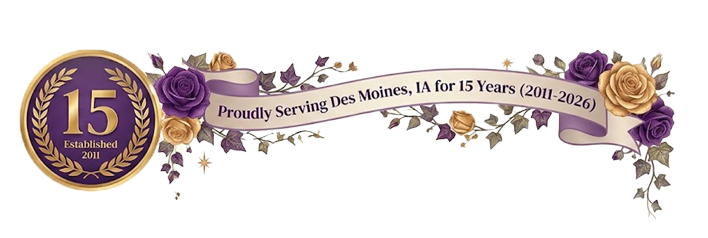 Purple and gold 15-year service anniversary banner with flowers and celebratory ribbon text