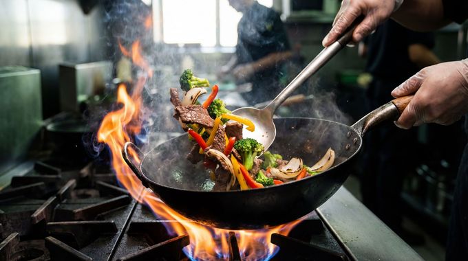 Chef tossing colorful vegetables in a flaming wok over a stovetop in a busy kitchen