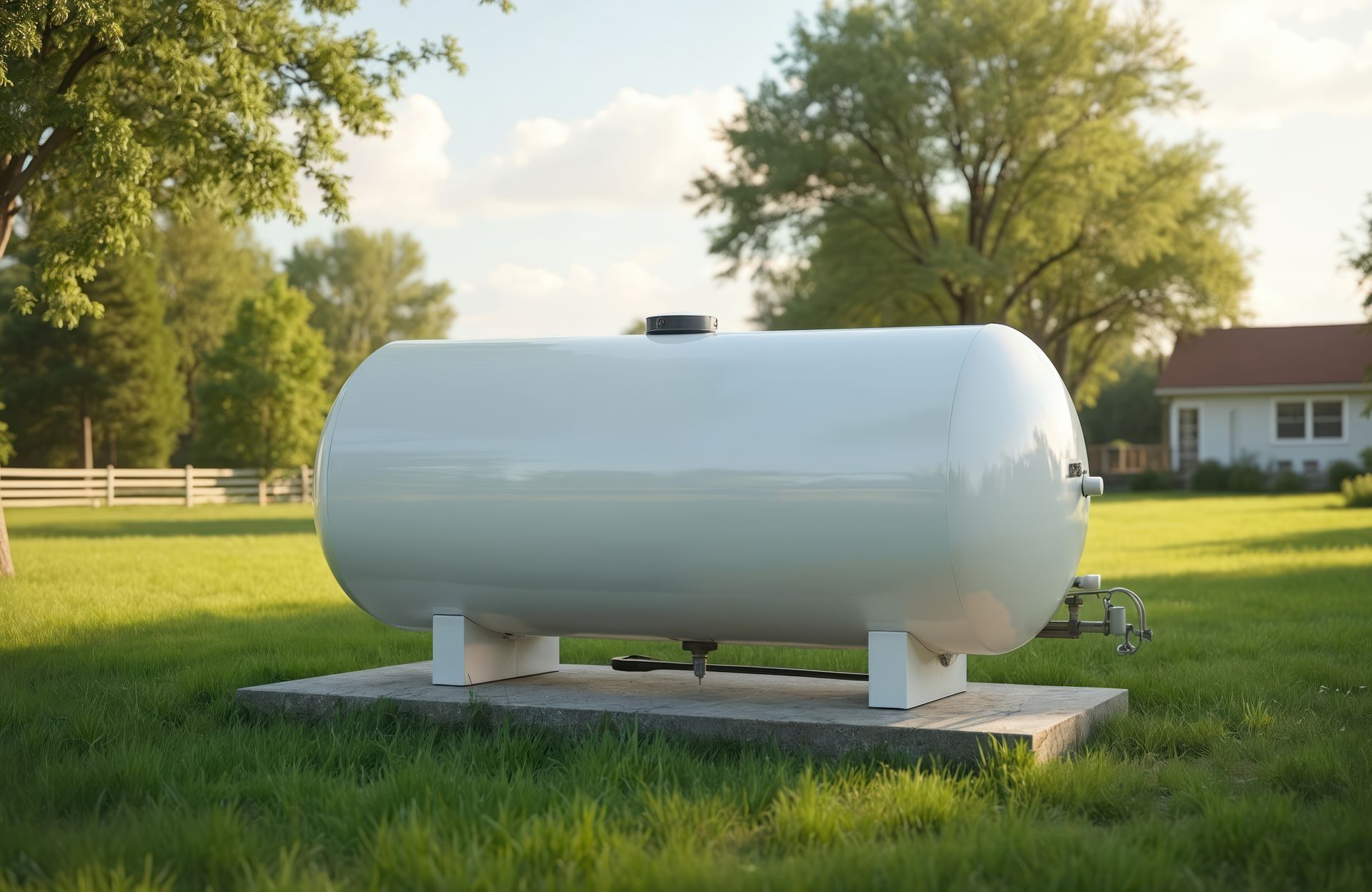 White propane tank on a concrete pad in a grassy yard with trees and a house in the background