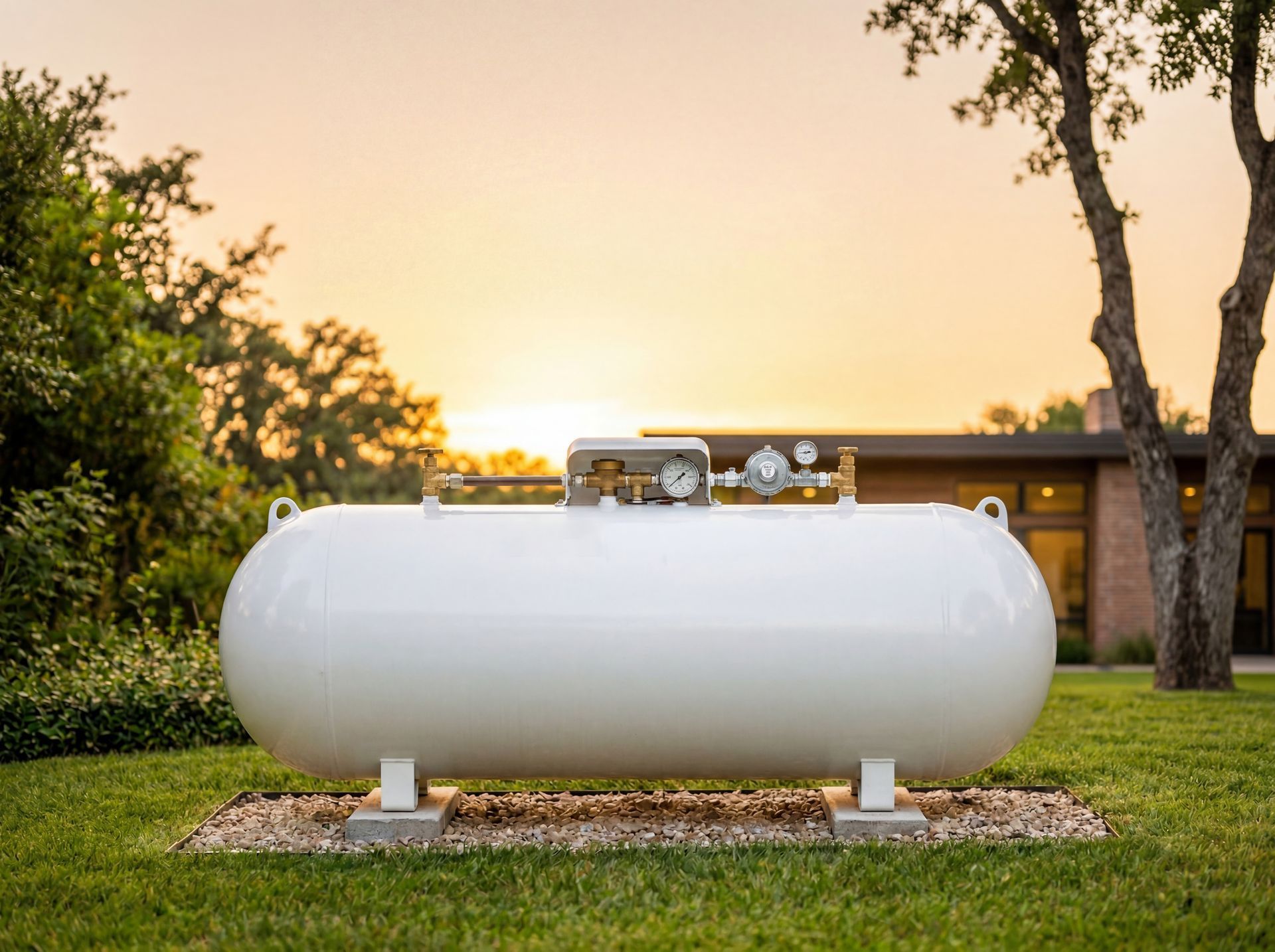 White propane tank on a lawn at sunset, with trees and a building in the background.