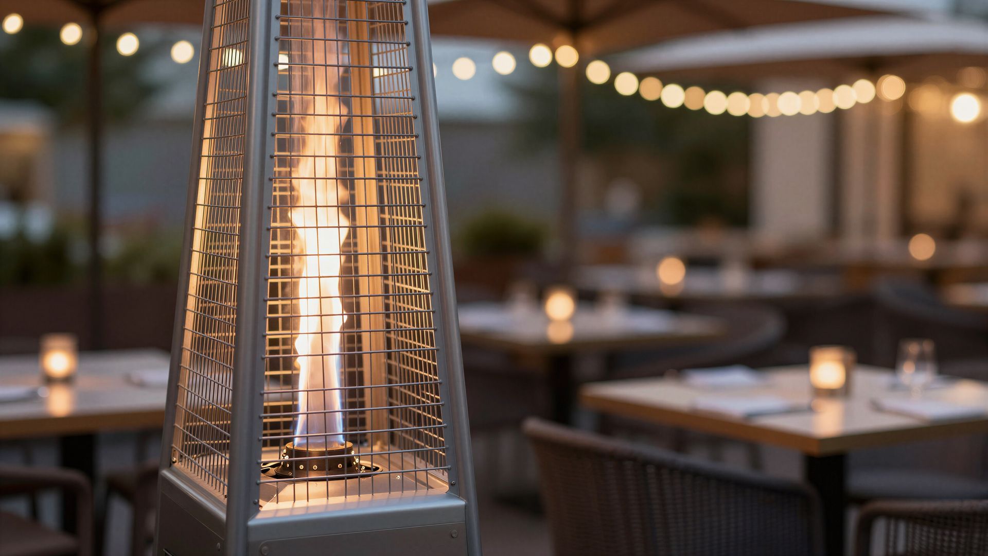 Tall outdoor patio heater glowing among softly lit restaurant tables at dusk