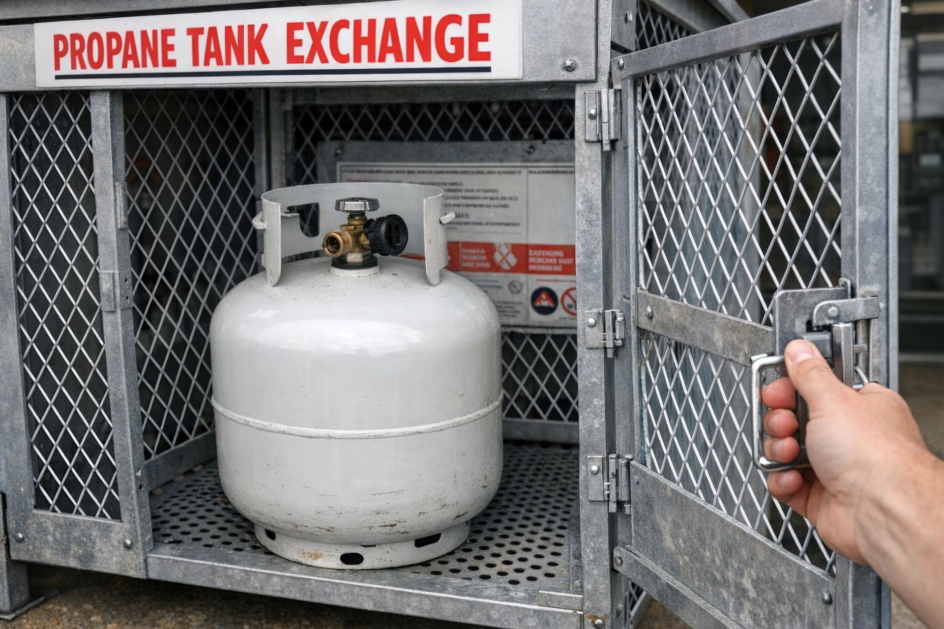 Person opening a metal propane tank exchange cage with a white tank inside