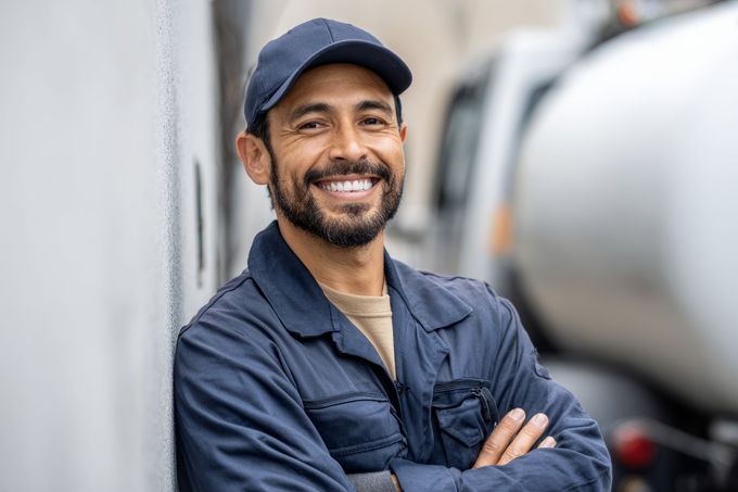 A smiling worker in a navy cap and coveralls stands with arms crossed beside a large metal tank.
