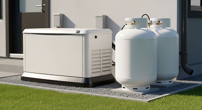 Outdoor generator and two propane tanks beside a house on gravel.