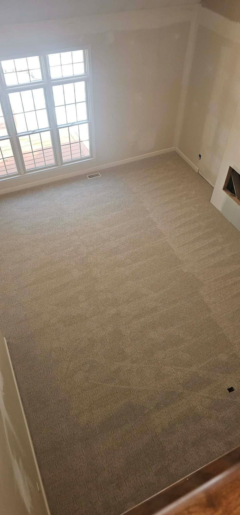Empty room with beige carpet, a window, and a fireplace.