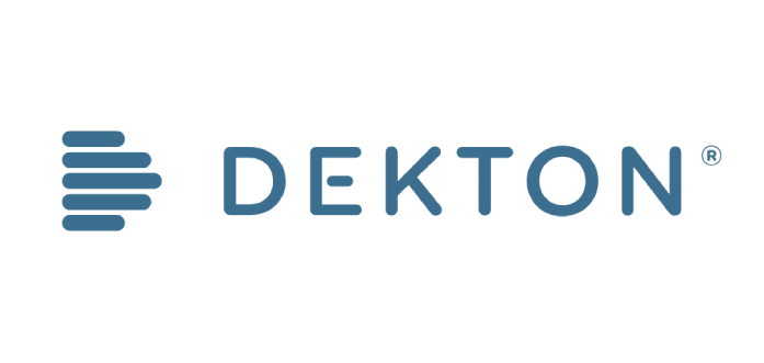 DEKTON logo with blue striped icon and blue text on a white background