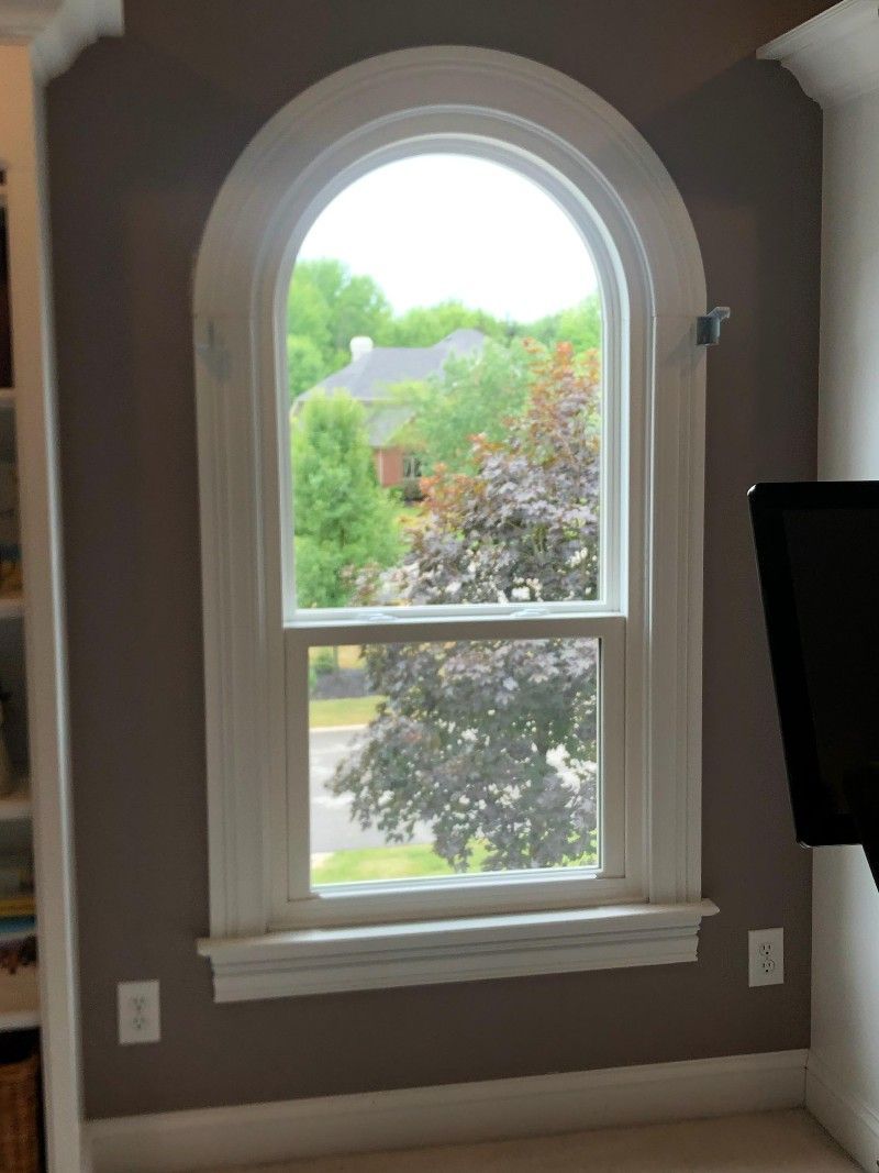 An arched window in a living room with a view of a tree.