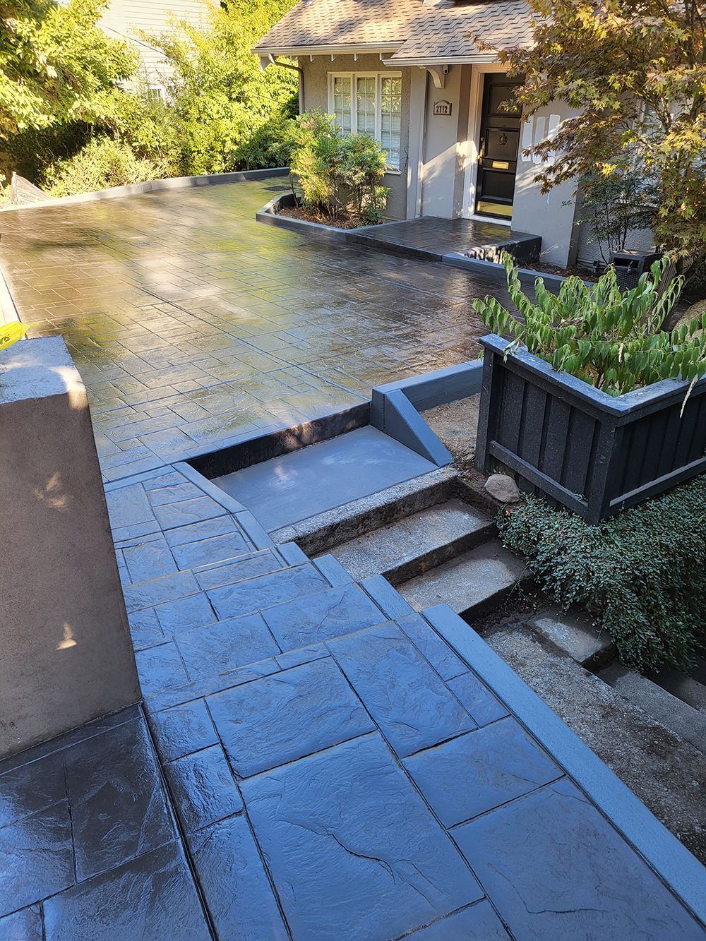 Dark gray concrete steps leading to a house with a black front door, surrounded by lush greenery.