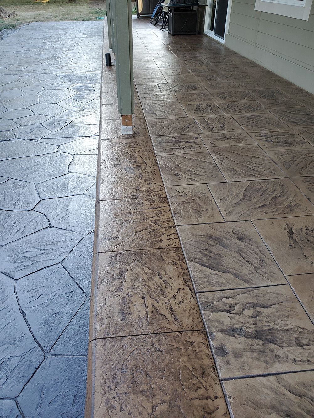 Stamped concrete patio with two textures and color variations.