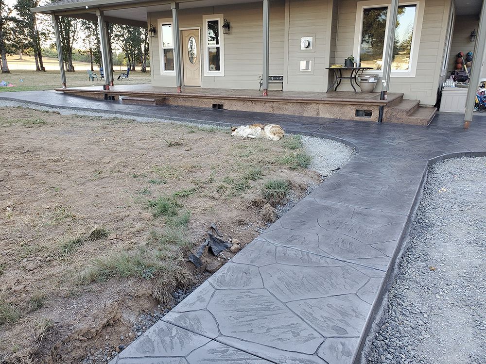Concrete walkway leading to a house with a porch and steps; a dog rests on the lawn.