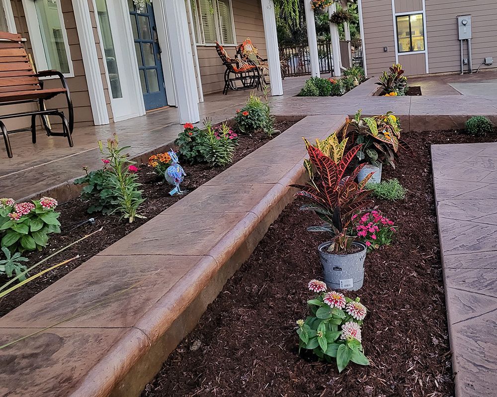 Flower beds with various plants and pots along a walkway.