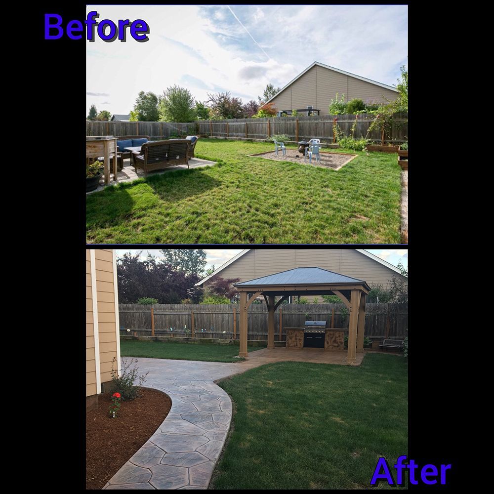 Yard transformed. Before, a grassy yard. After, a gazebo over a patio with a grill and paved path.