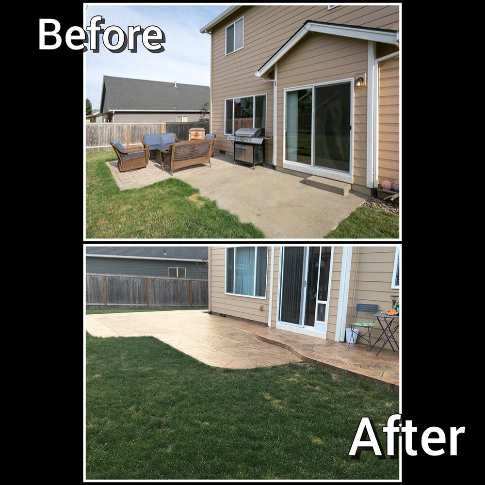 Before/after of a backyard patio: concrete patio area before and after with a newly improved look.
