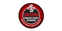A circular American Concrete Pumping Association logo with a red border, white text, and 
