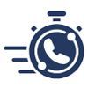 Dark blue icon of a telephone handset inside a circular stopwatch, with horizontal motion lines to the left.