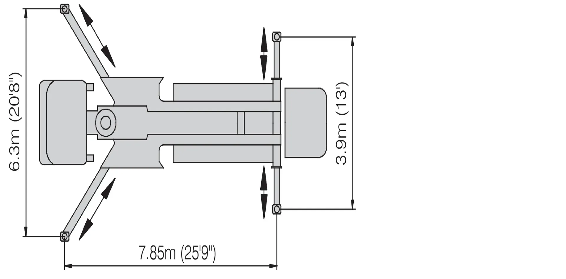 Top-down technical diagram of construction equipment outriggers with dimensions labeled 6.3m, 3.8m, and 7.55m.