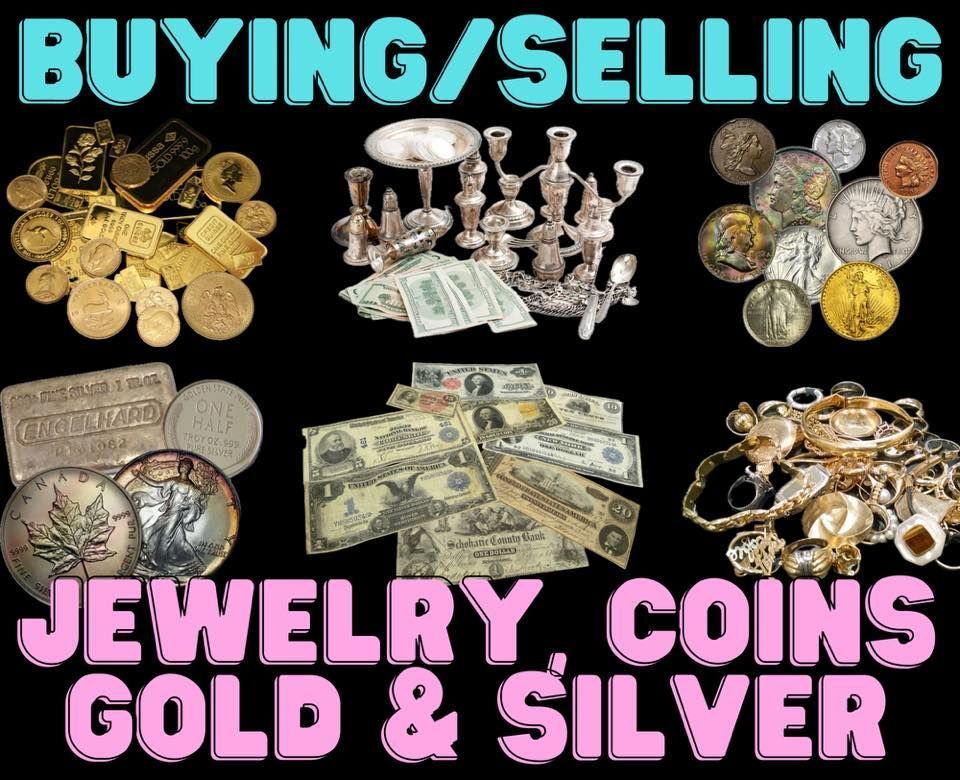 A poster for buying and selling jewelry coins gold and silver
